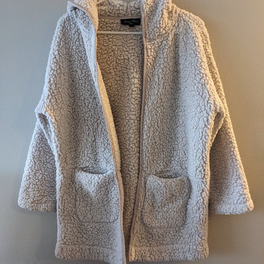 Love Tree Reversible Beige Sherpa Hooded Open Teddy Bear Sweater Jacket